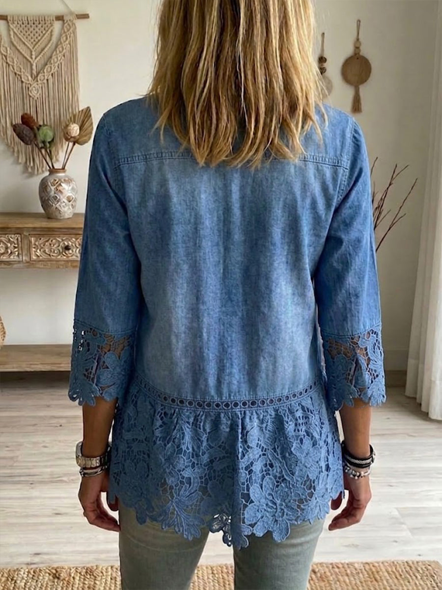 Casual Patchwork Lace Denim Shirt