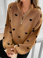 Cozy Half-zip Knit Pullover With Heart Pattern