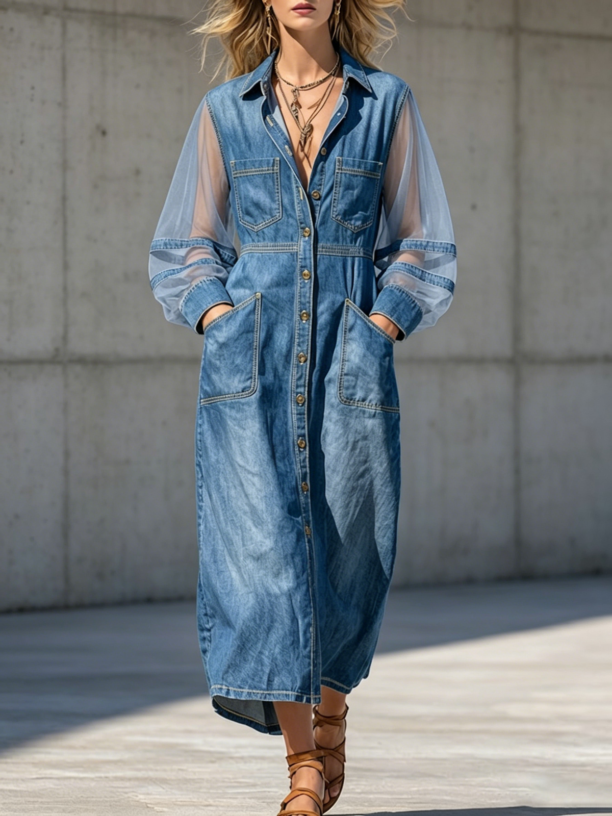 Long-sleeve Utility-style Denim Shirt Dress With Sheer Mesh Paneling