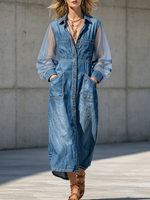 Long-sleeve Utility-style Denim Shirt Dress With Sheer Mesh Paneling