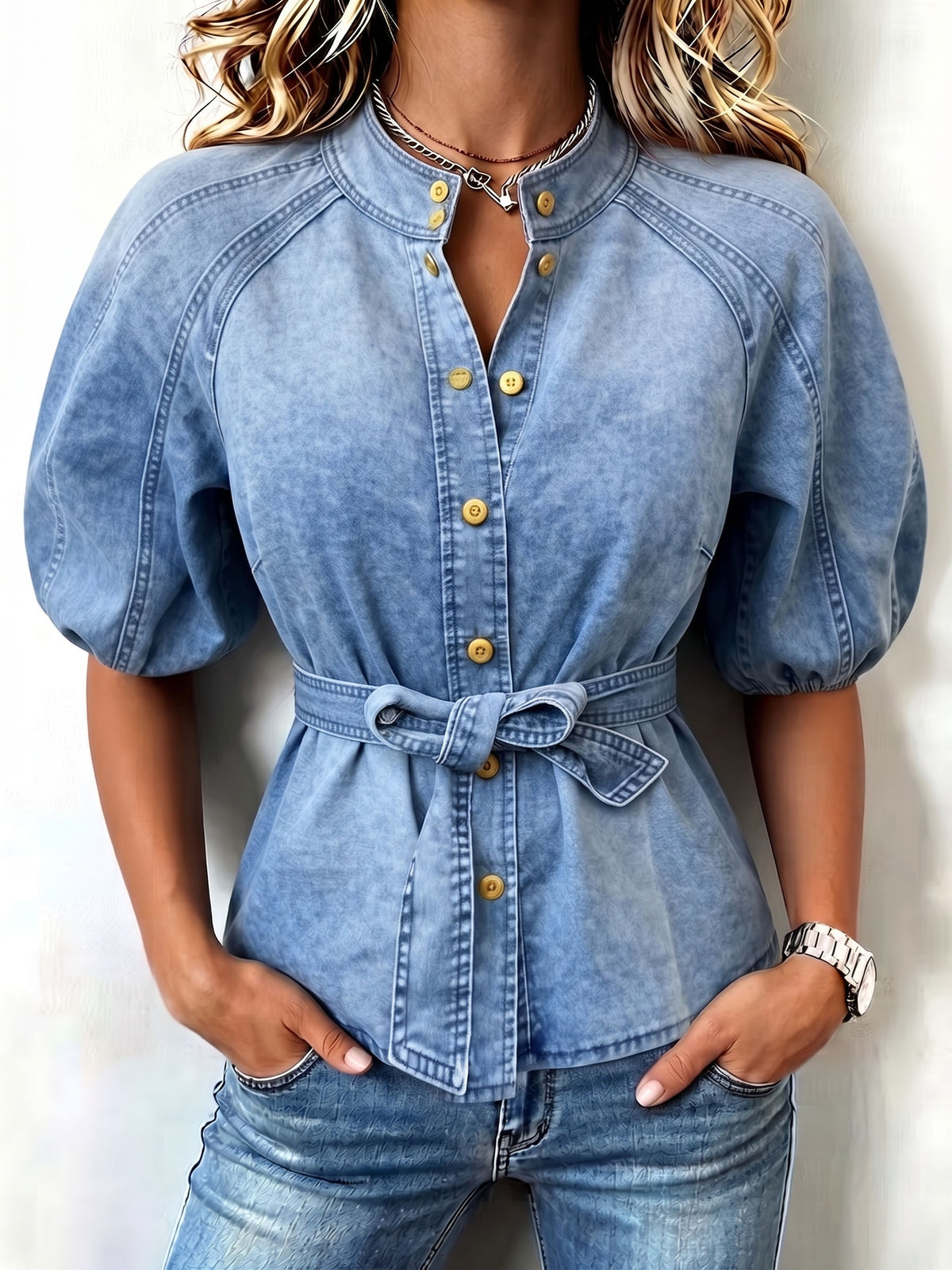 Chic Stand Collar Belted Puff Sleeve Casual Denim Shirt