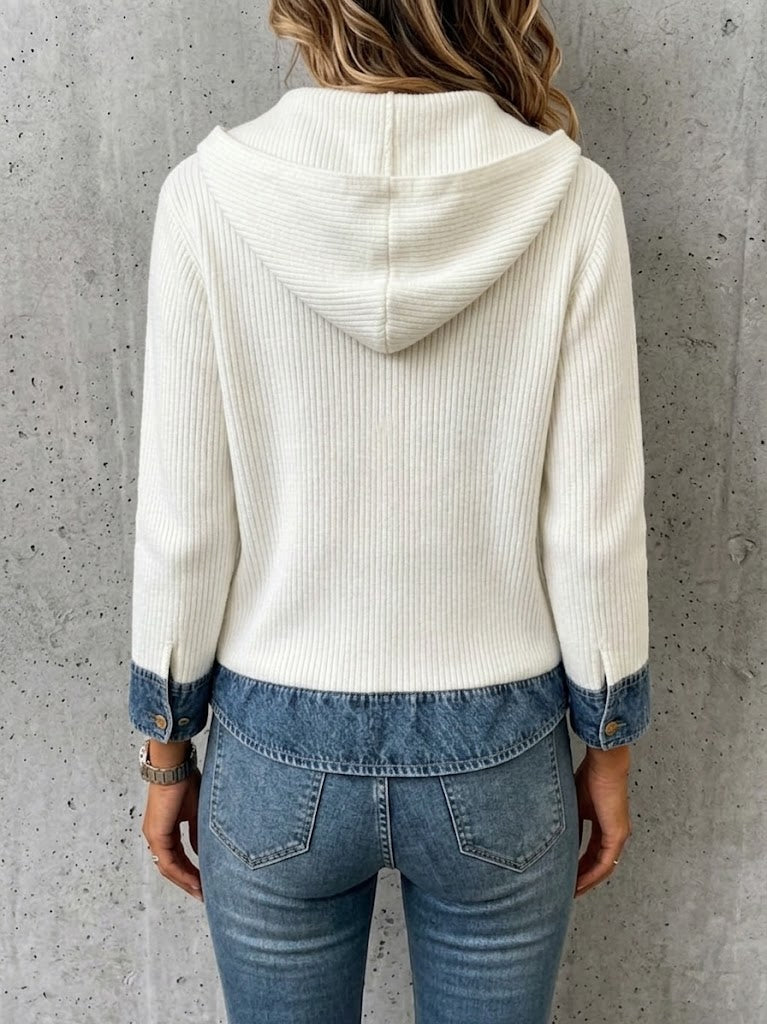 Denim-paneled Hooded Knit Cardigan