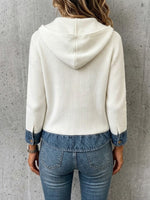 Denim-paneled Hooded Knit Cardigan