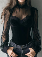 Vintage-style Bohemian Patchwork Lace And Stretch Velvet Top