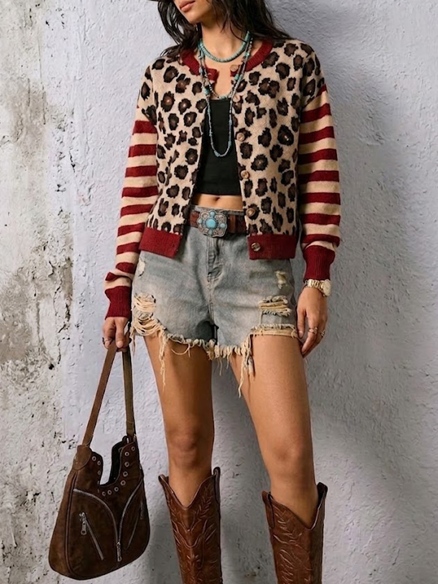 Leopard Stripe Spliced Western‑style Knit Cardigan