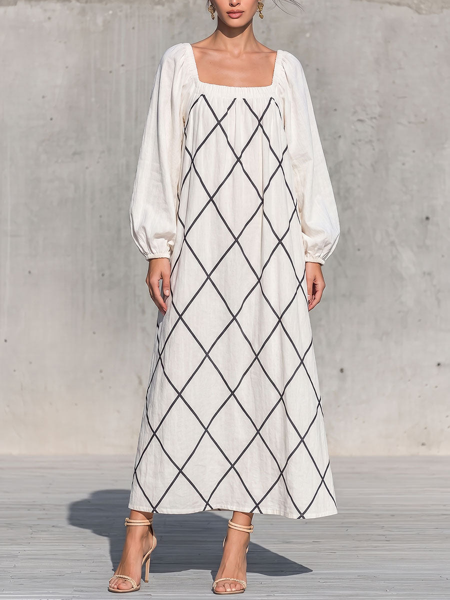 Women's Geometric Print Square Neck Long-sleeved Casual Loose Cotton Linen Dress
