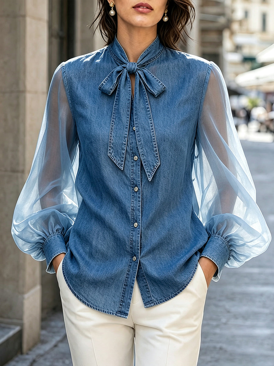 Sheer Organza Sleeve Bow Tie Denim Blouse