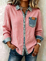 Red White Stripe Spliced Denim Collar Shirt