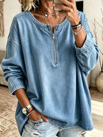 Effortless Oversize Denim Half-Zip Blouse
