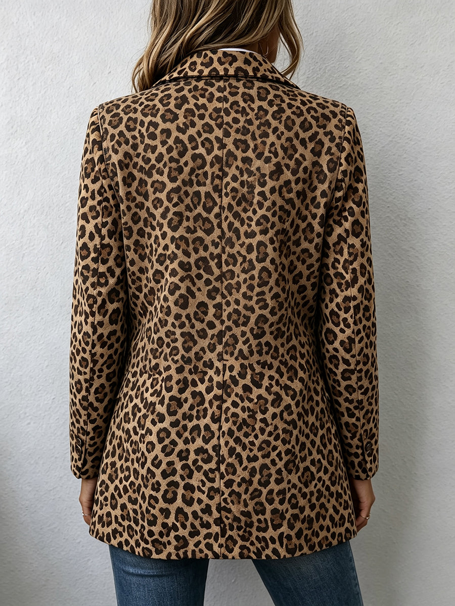 Casual Denim Blazer With Leopard Print Panels