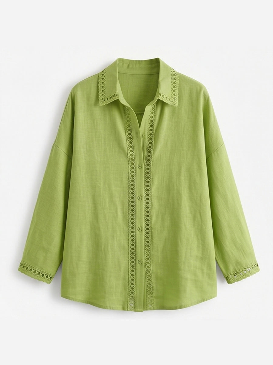Casual Long-sleeve Linen-cotton Shirt With Spliced cutout Webbing