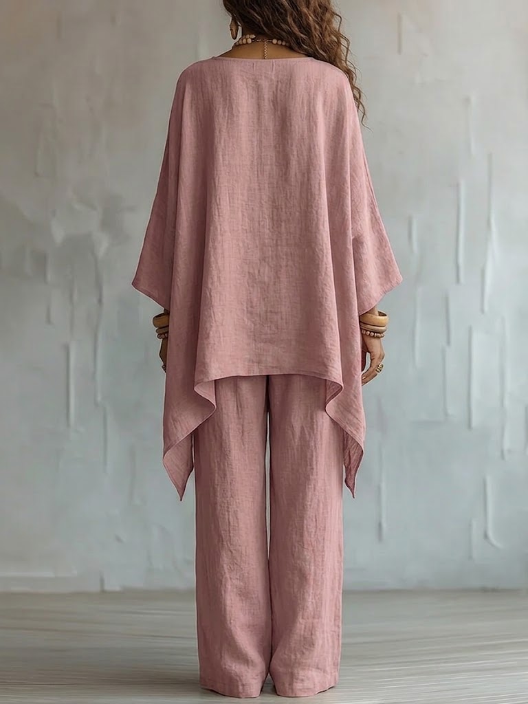 Loose-fit Casual Cotton-linen Blend Top And Trousers Two-piece Set