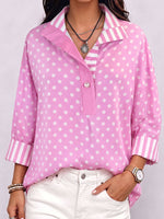 Women's Collared 3/4 Sleeve Polka Dot Print Casual Loose Cotton Linen Pullover Shirt