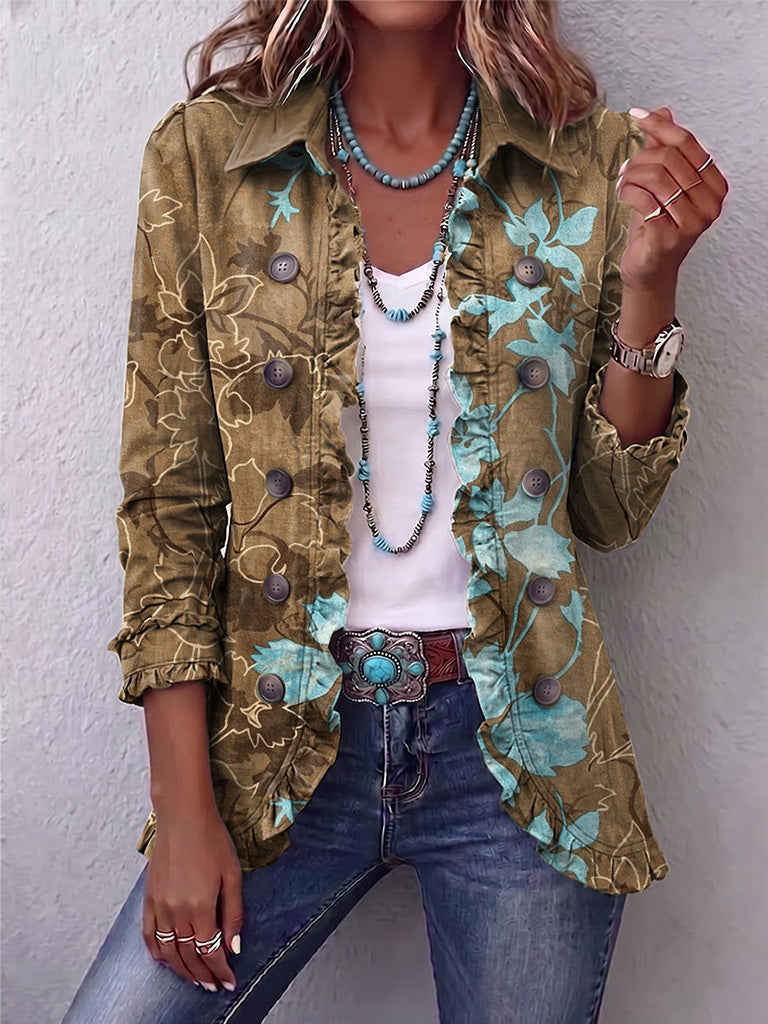 Boho-style Gradient Vintage Floral Ruffle Jacket