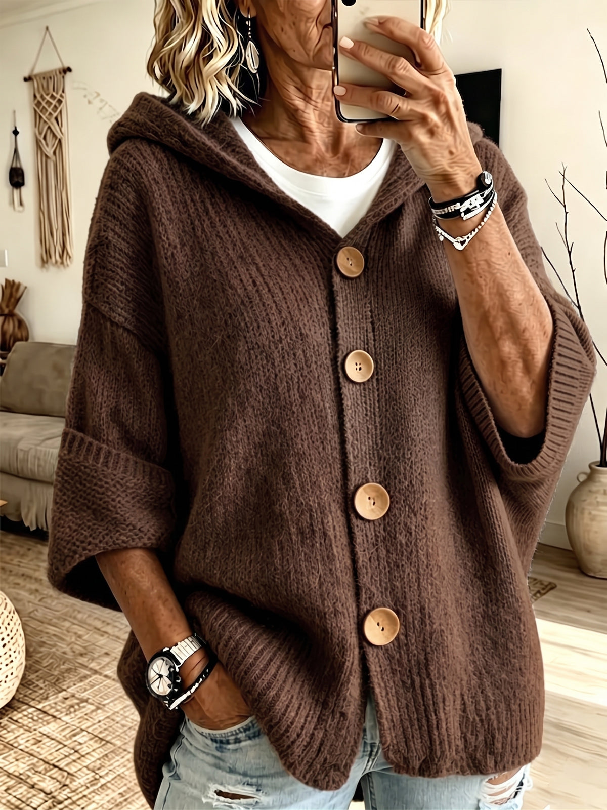 Comfortable Oversized Hooded Batwing Knit Cardigan
