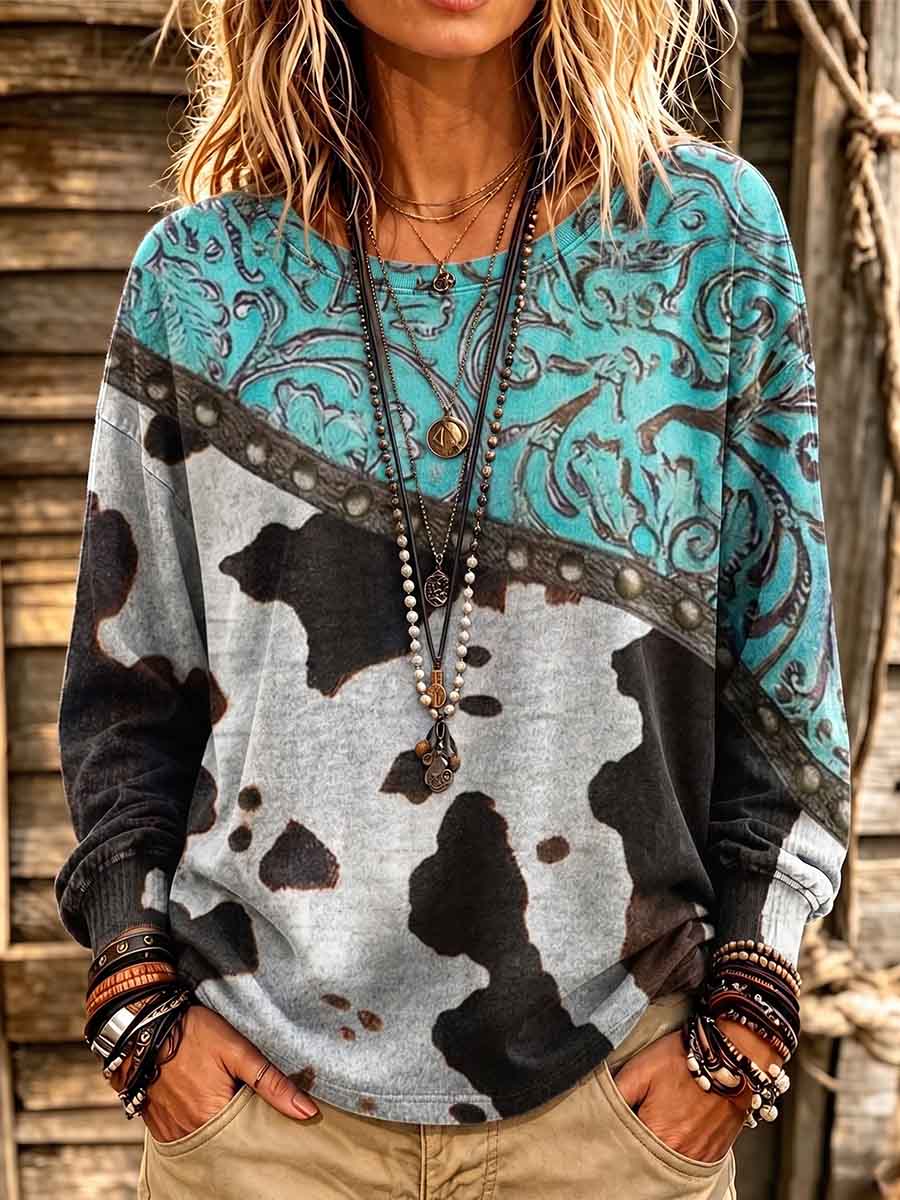 Women's Retro Abstract Position Print Crew Neck Long Sleeve Casual Loose Cotton Top