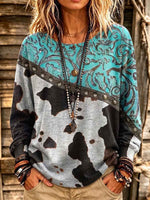 Women's Retro Abstract Position Print Crew Neck Long Sleeve Casual Loose Cotton Top