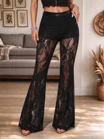 Women's High Waist Sheer Floral Lace Flare Pants
