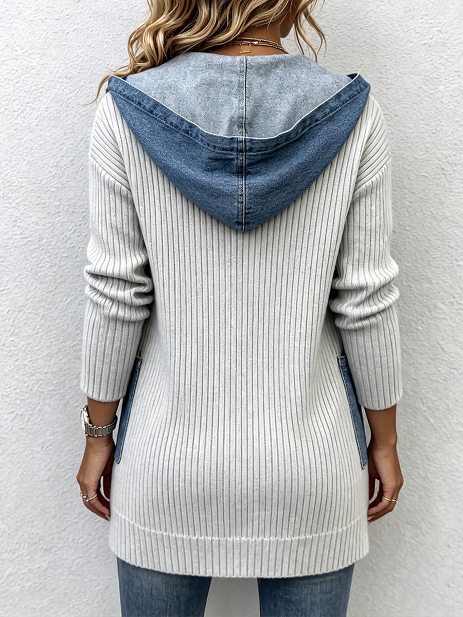 Casual Denim Panel Ribbed Knit Hooded Cardigan
