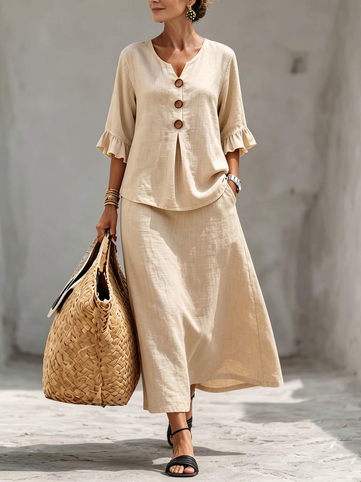 Elegant Resort-style Ruffled Linen-blend Two-piece Set
