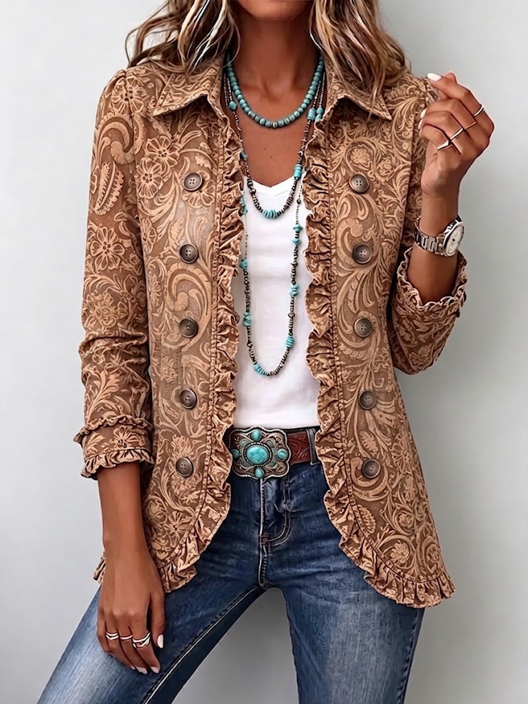 Vintage-style Bohemian Floral Print Ruffled Linen-cotton Jacket