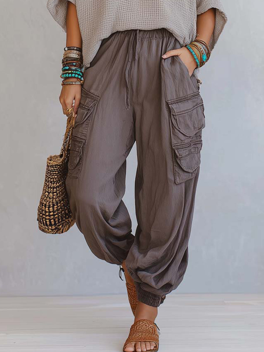 Casual & Cozy Two-piece Set: Waffle-knit Cotton Top And Cotton Cargo Pants