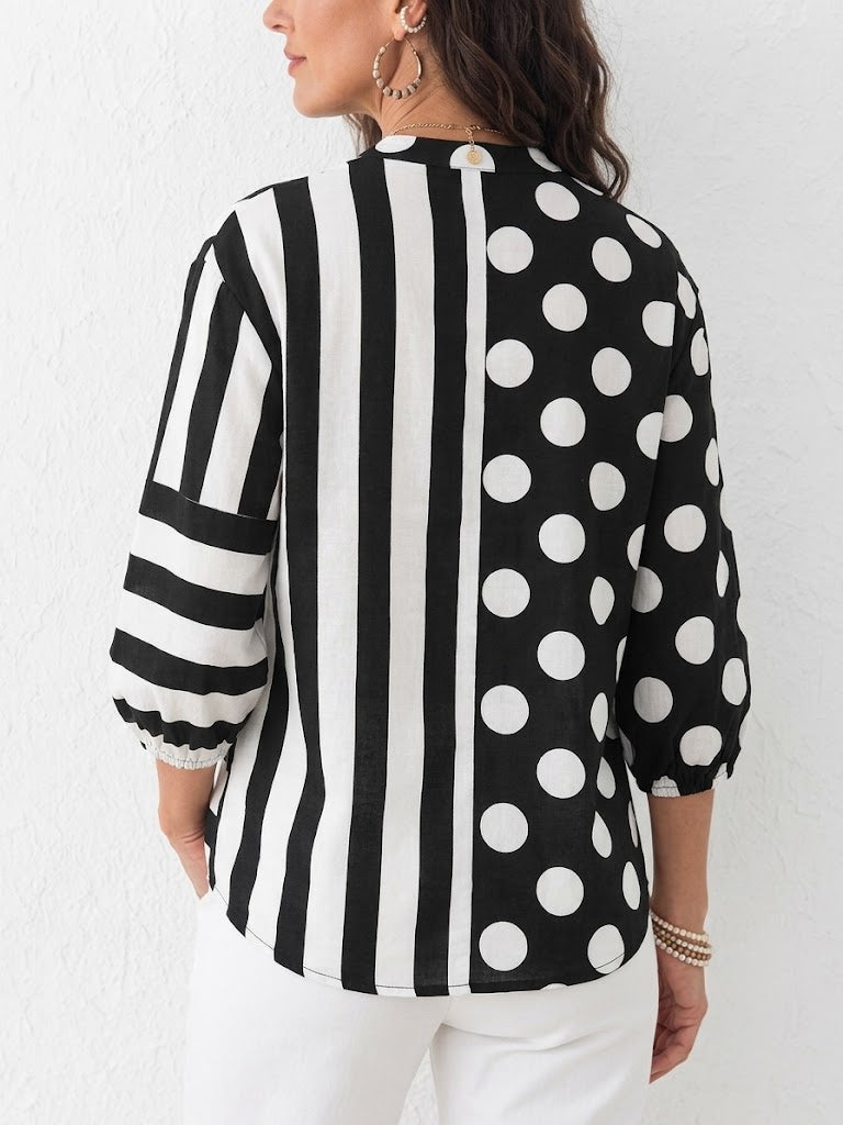 Polka Dot & Stripe Splice Stand Collar 3/4 Lantern Sleeve Linen Blend Top