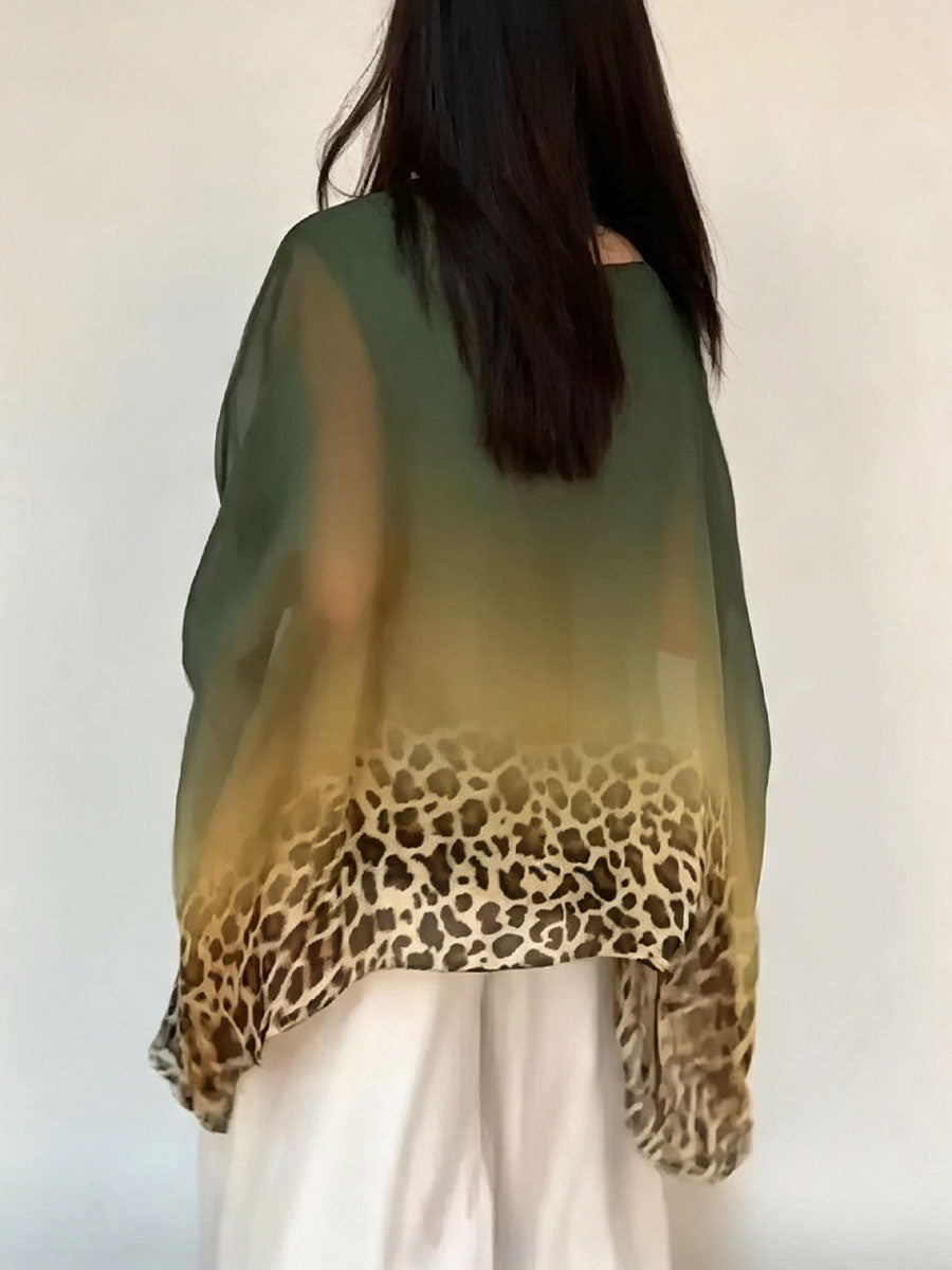 Women's Gradient Printed Crew Neck 3/4 Batwing Sleeve Casual Loose Chiffon Top
