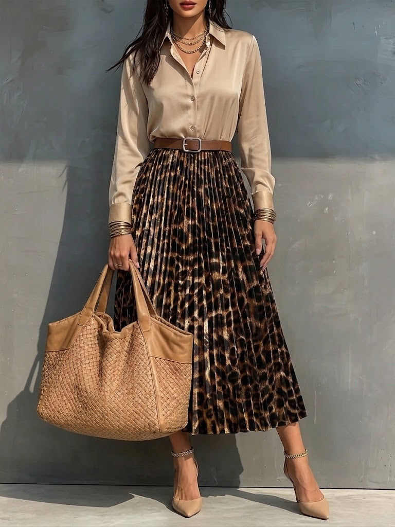 Cozy Apricot Satin Dress With Pleated Leopard Print Panels (includes Belt)