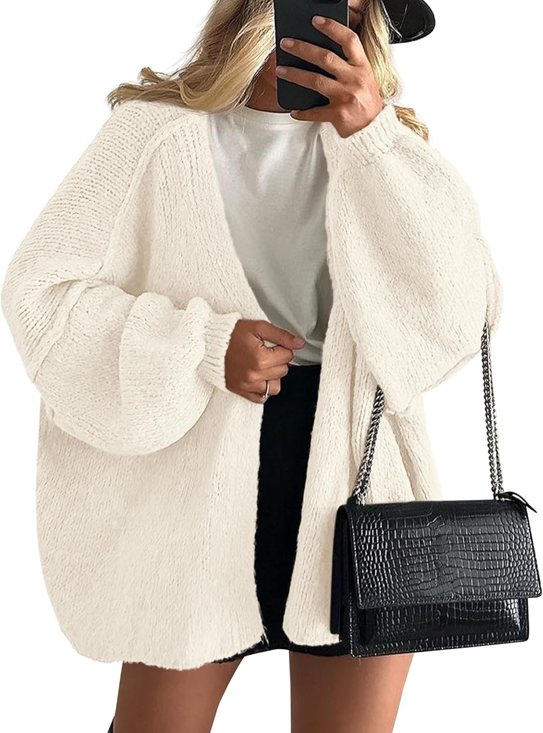 Long Lantern Sleeve Knit Open Front Lightweight Sweater