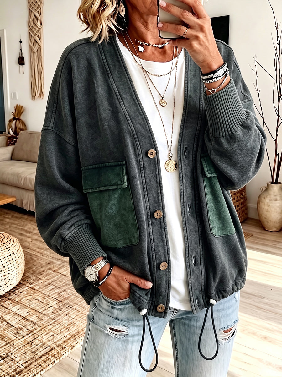 Casual Vintage-wash V-neck Knit Cardigan Jacket With Patch Pockets