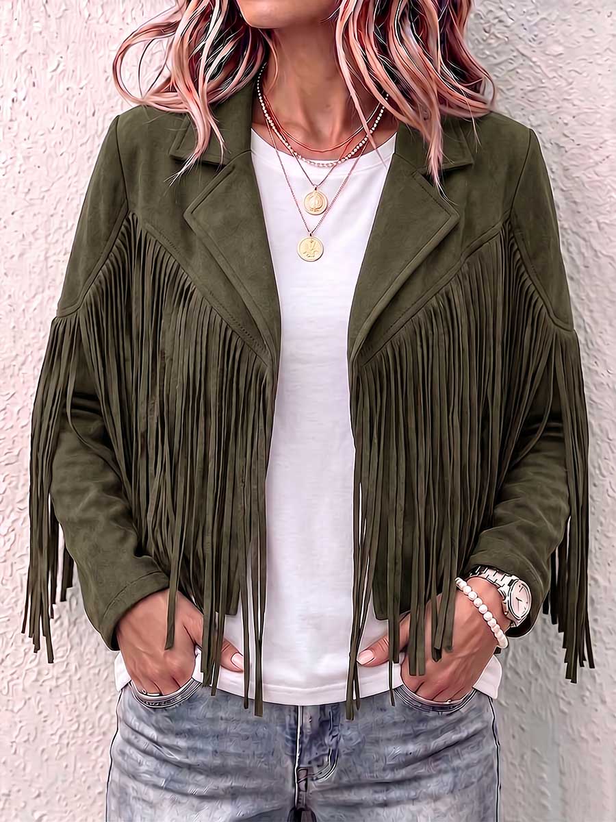 Women's Solid Color Lapel Long-sleeved Casual Loose Tassel Jacket