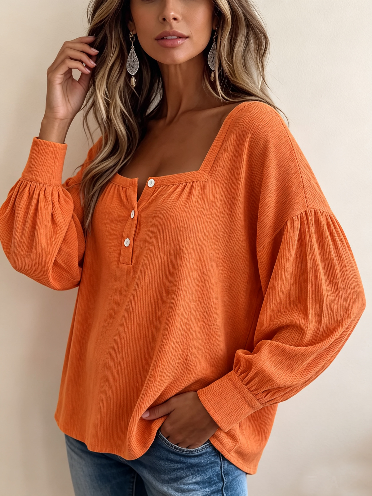 Cozy Chic Textured Orange Corduroy Square-neck Blouse