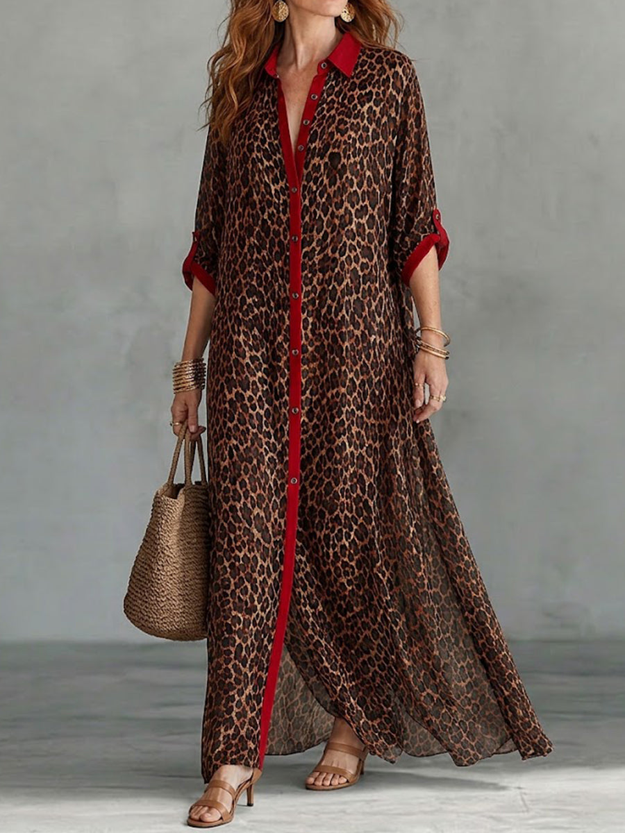 Casual Red-trimmed Leopard Print Cotton Maxi Shirt Dress