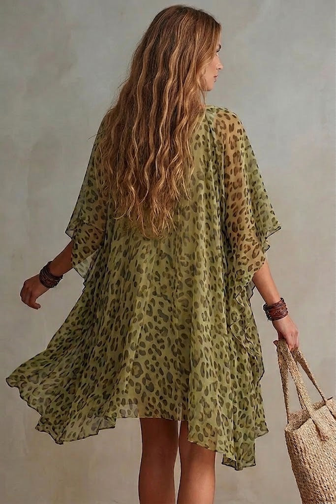 Loose-fitting, Flowy V-neck Leopard Print Chiffon Dress