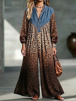 Boho Denim Patchwork Leopard Print Wide-leg Jumpsuit