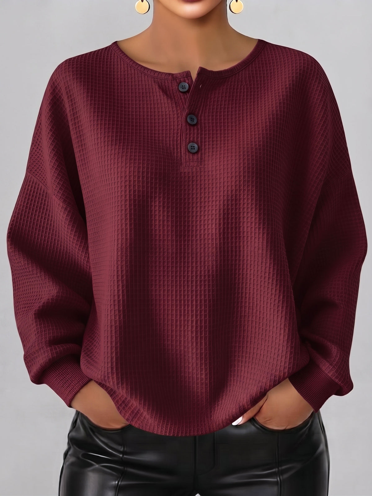 Cozy Casual Henley Collar Waffle Shirt