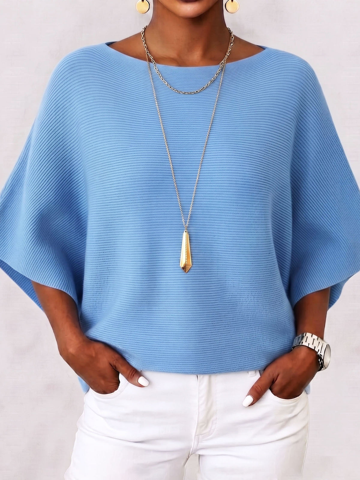 Elegant Boat Neck Batwing Sleeve Ribbed Knit Top