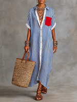 Casual Striped Linen-cotton Blend Shirt Dress With Panel Detailing