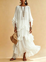 Round-neck, Batwing-sleeve, Tiered-ruffle, Sheer-textured Maxi Dress For Vacation