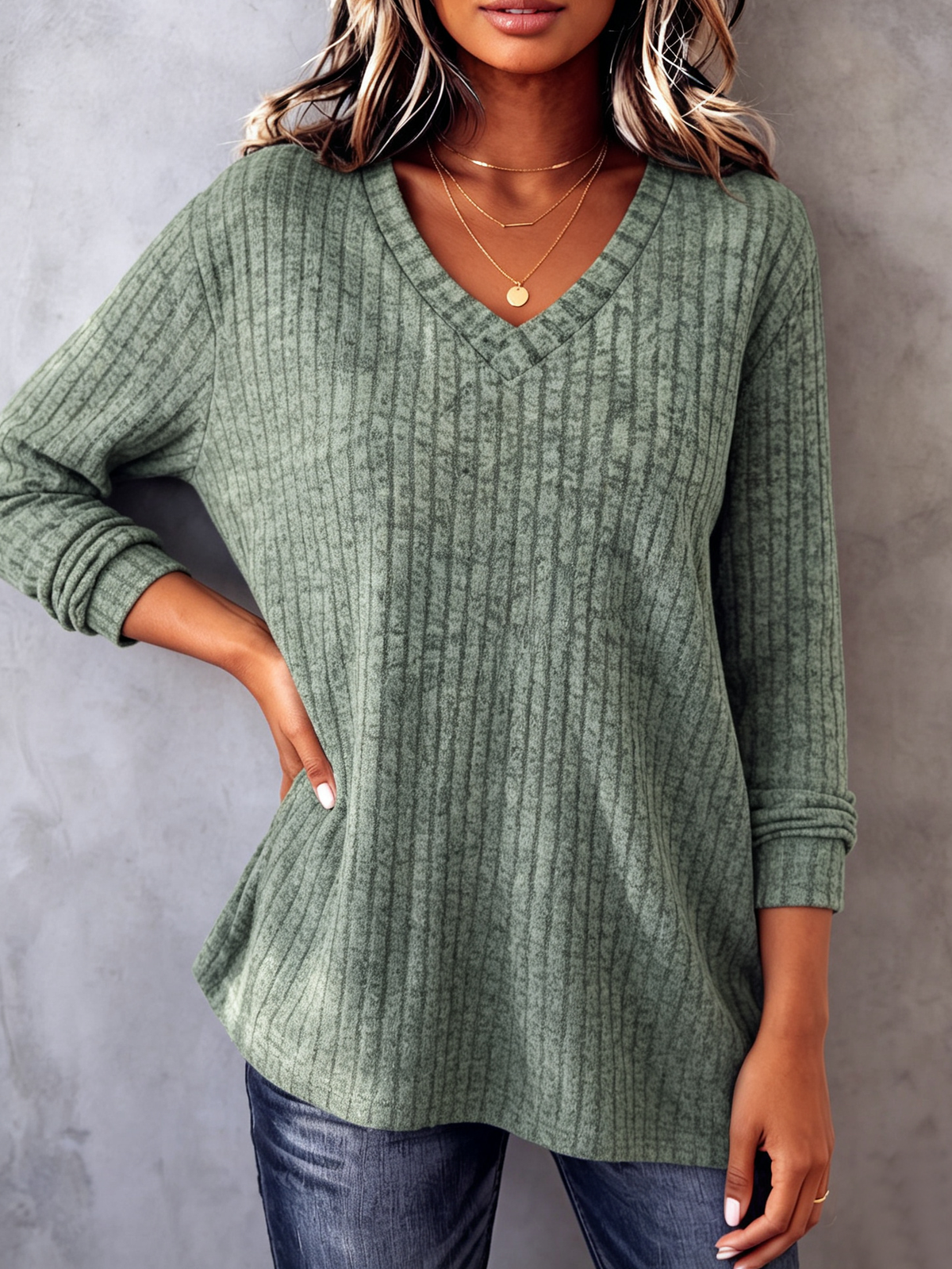 Casual Cozy V-neck Ribbed Knit Top