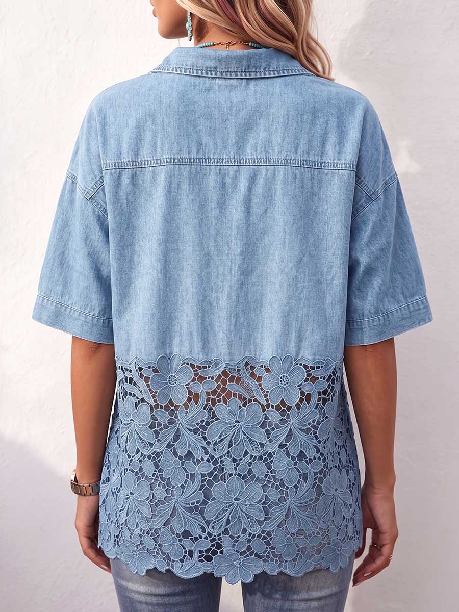 Women's collared short-sleeved casual loose-fitting denim shirt with lace trim