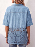 Women's collared short-sleeved casual loose-fitting denim shirt with lace trim