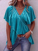 Women's Solid Color V-neck Short-sleeved Casual Loose Velvet Top