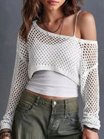 Asymmetric Off Shoulder Hollow Mesh Cropped Long Sleeve Knit Cover Up