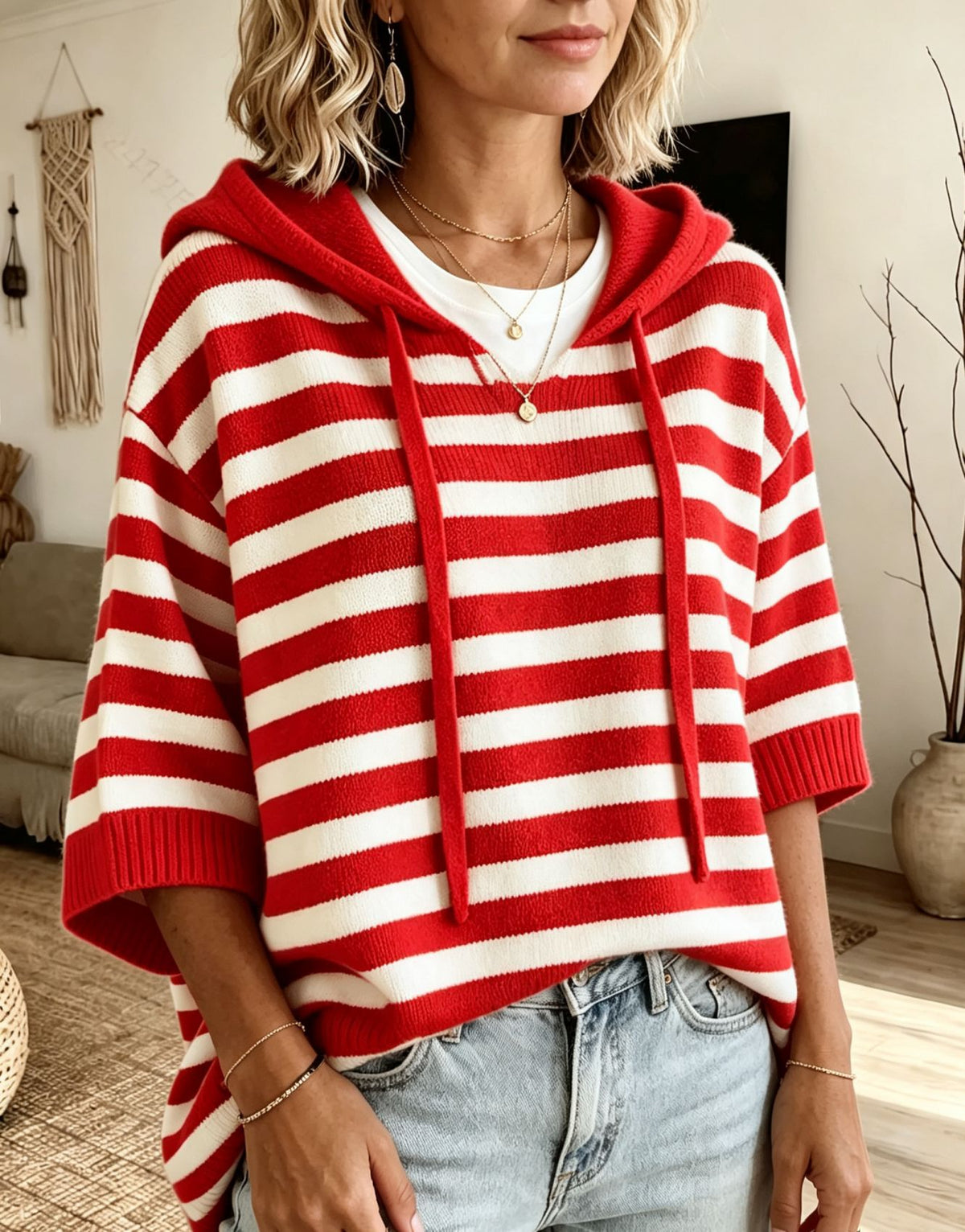 Loose And Comfortable Striped Knit Hoodie