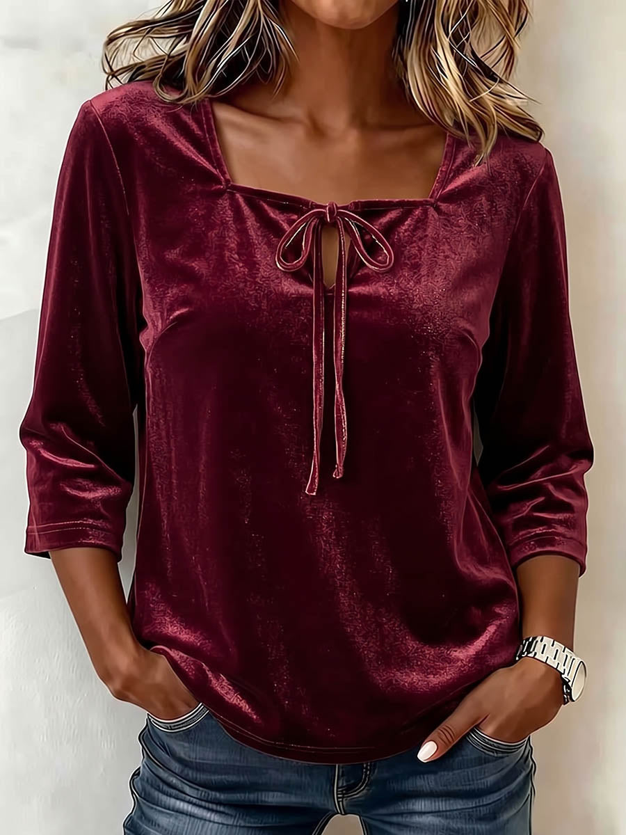 Women's Square Neck 3/4 Sleeve Casual Loose Velvet Top
