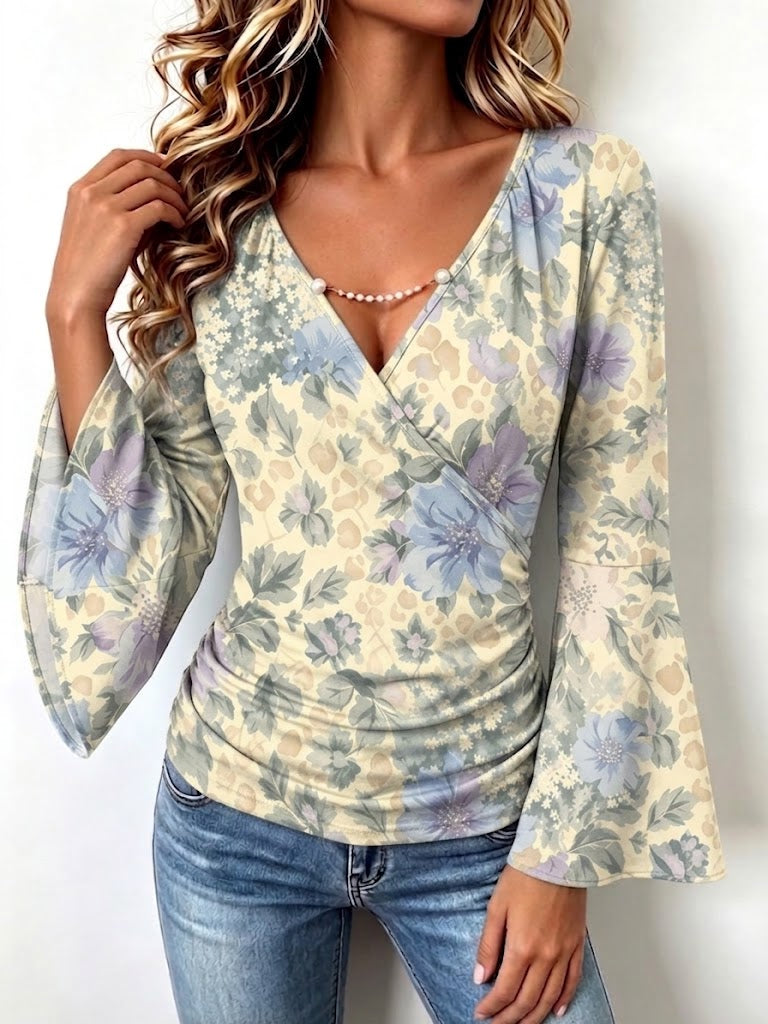 Boho-style Vintage Floral Stretchy Casual Shirt With Bell Sleeves