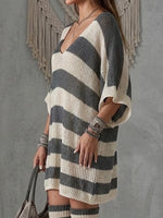Color Block Wide Stripe Deep V Open Knit Loose Short Sleeve Tunic Mini Dress