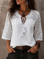 Casual Solid-color V-neck Batwing-sleeve Top With Cut-out Detail